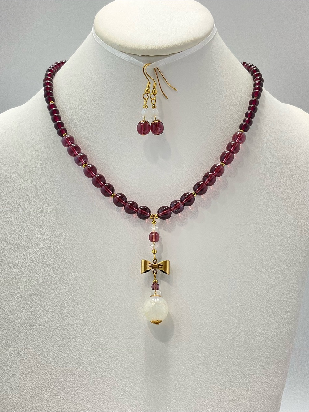 Artisan Faux Opal & Garnet Beaded Necklace with Gold Bow, Vintage Glass Beads